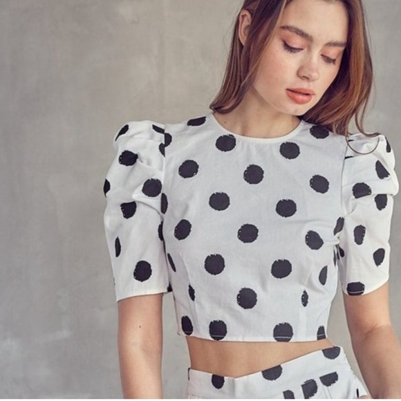 Idem Ditto black white polka dot back tie puff sleeve crop blouse size small - Picture 2 of 11